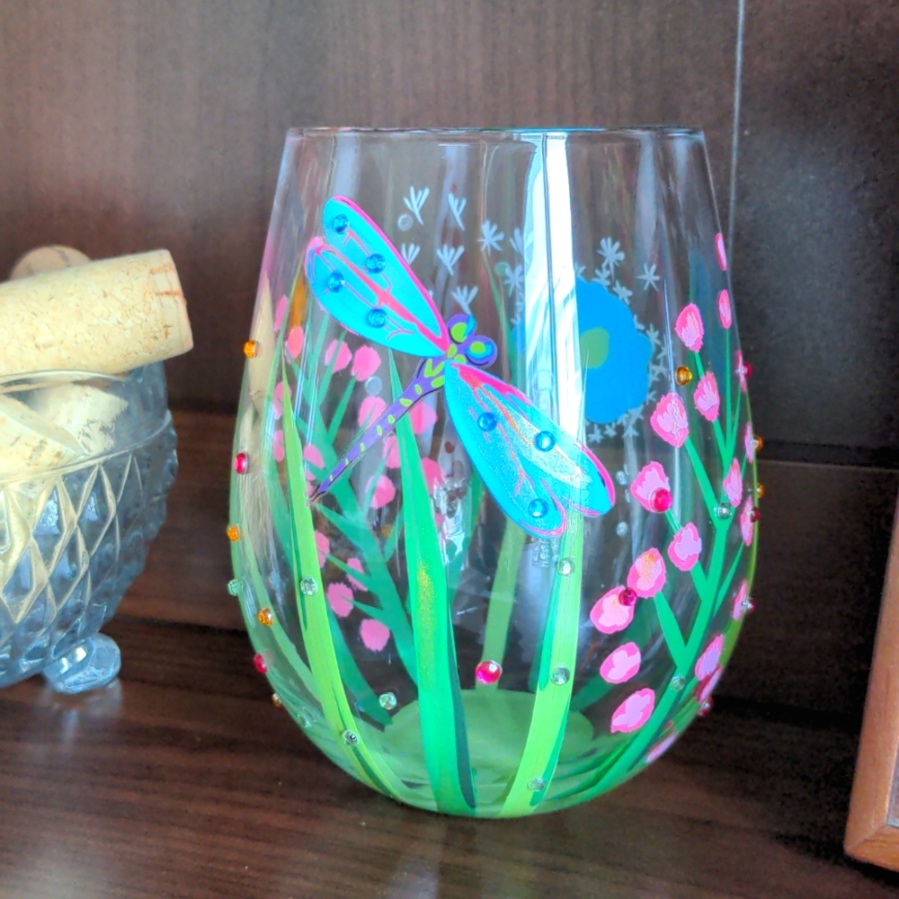 Lolita hand painted "Dragonfly" stemless wine glass